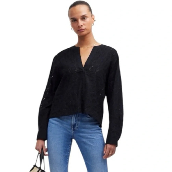 Madewell Linen Long-Sleeve Popover Top in Eyelet Black XS - Picture 7 of 8